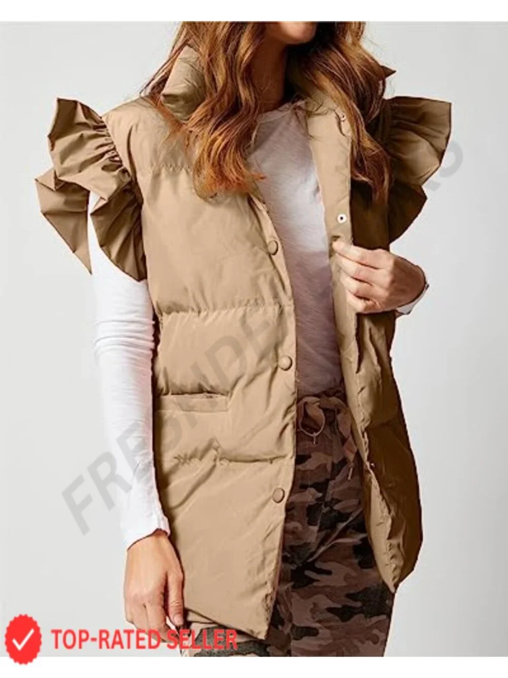 Women's Padded Puffer Vest Lightweight Quilted Sleeveless Ruffle Shoulder Coat